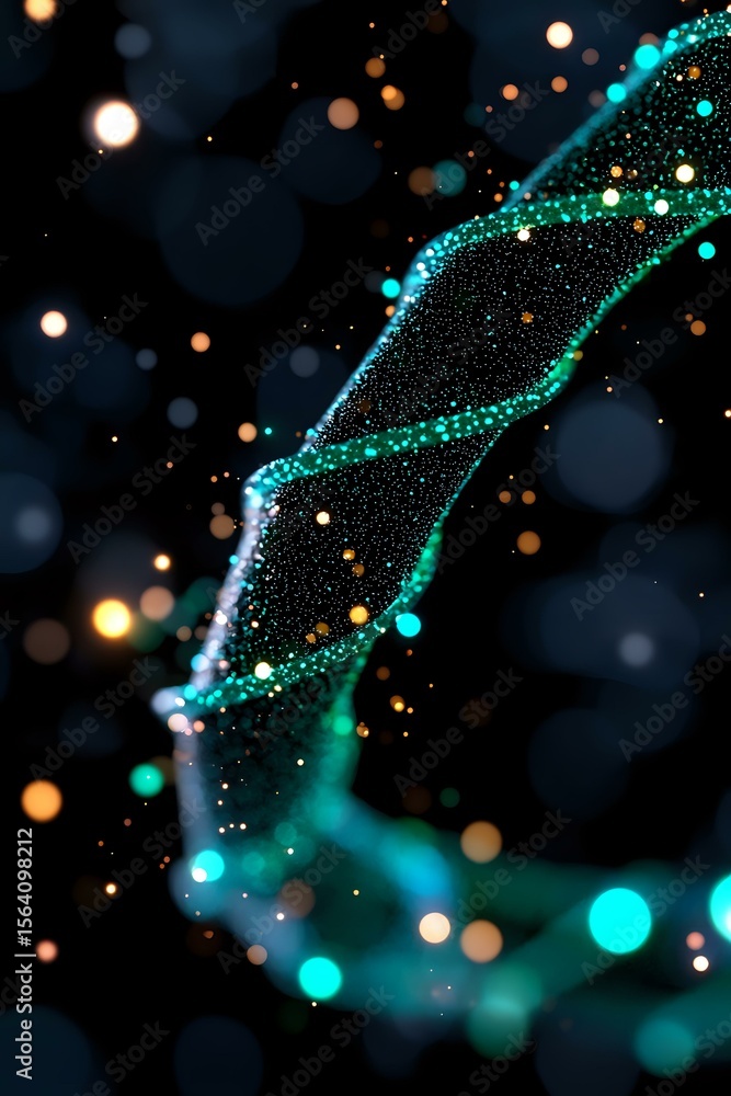 Poster glowing turquoise particles form elegant waves against dark background with golden bokeh lights, cre