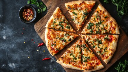 Overhead view of homemade pizza pieces on wooden board, herbs and chili flakes scattered