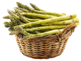 Fresh Asparagus in Wicker Basket: A close-up studio shot of fresh asparagus spears neatly arranged in a rustic woven wicker basket, ready for culinary delights.