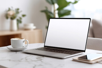 Fototapeta premium Modern home office workspace featuring a laptop and coffee on a stylish table