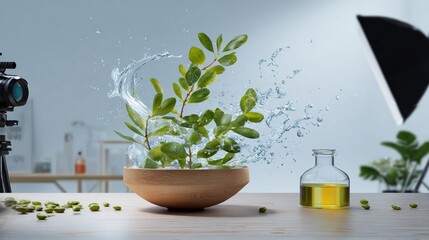 A wooden bowl with green leaves and water splashing on it, a glass bottle of olive oil next to the plant in front of an LED light panel for product photography, a camera lens behind it.