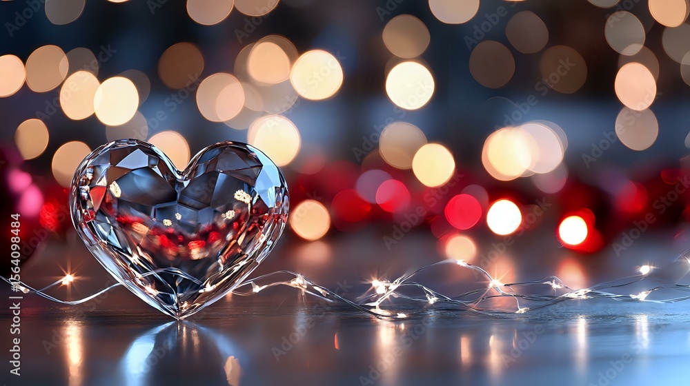 Poster crystal glass heart on reflective surface with glowing string lights and red bokeh background creati