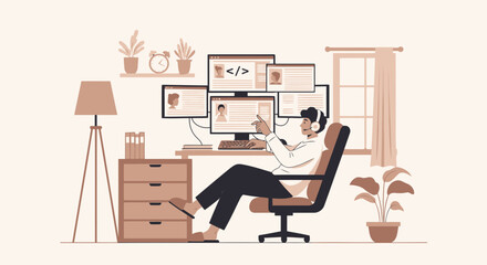 Relaxed Programmer Working From Home With Multiple Screens In a Comfortable Setting