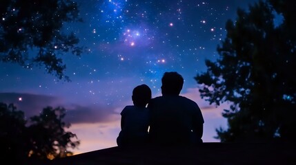 Silhouettes of parent and child stargazing together against purple night sky with bright stars and tree branches, creating magical family moment.
