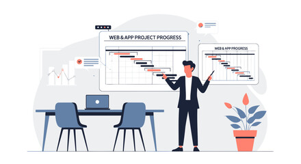 Presenter Explaining Web Application Development Schedule Using A Project Management Chart