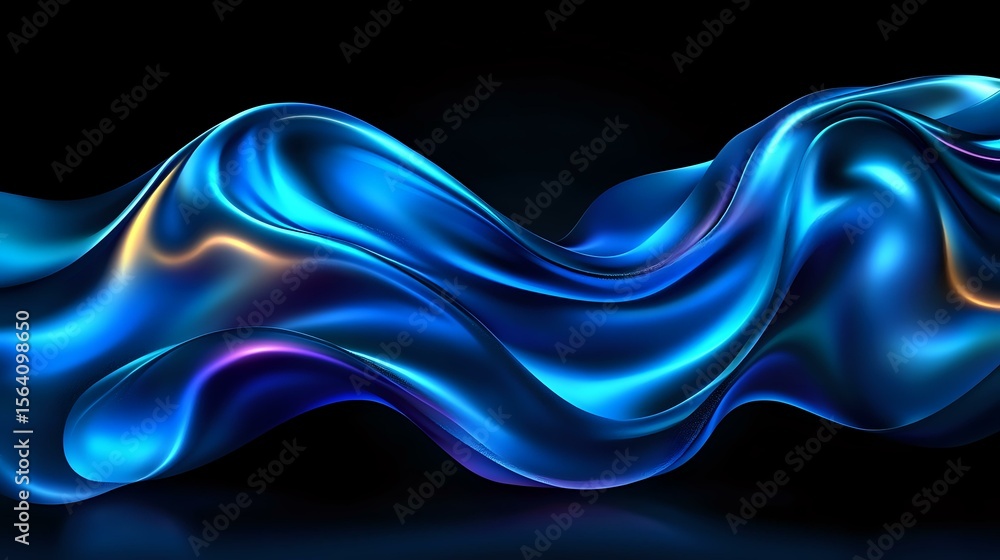 Poster luminous flowing abstract waves in vibrant electric blue and purple colors against black background 