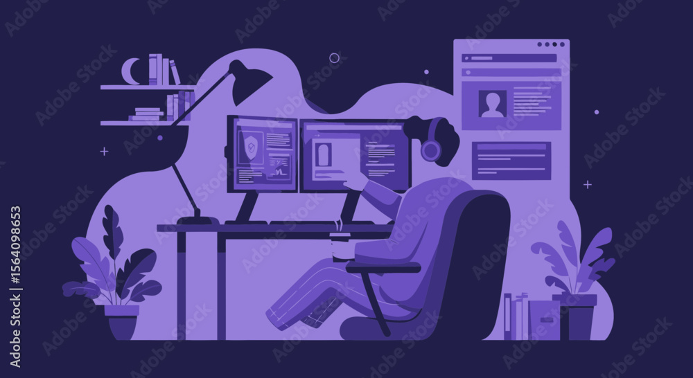 Poster programmer working from home on computer at night in office
