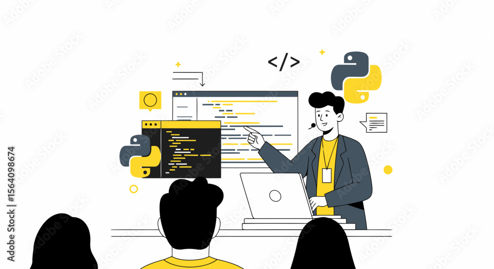 Poster programming class concept with instructor teaching python to students illustration