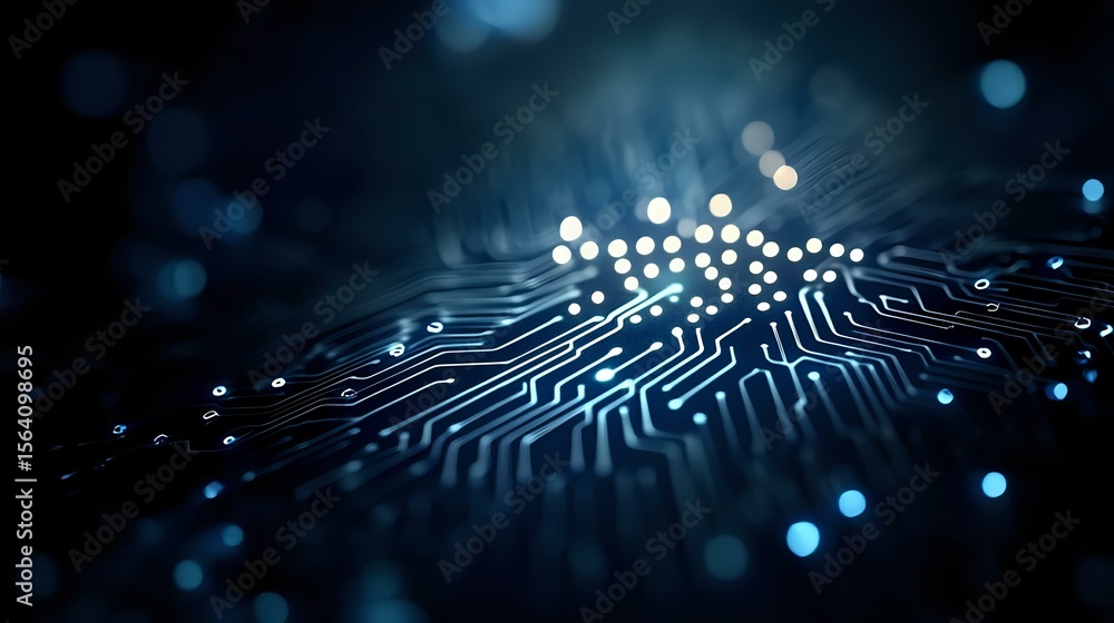 Poster glowing circuit board paths with bokeh light effects in dark blue tones create futuristic technology