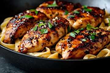 Grilled chicken breasts with honey glaze and black pepper served over pasta, garnished with fresh herbs in cast iron pan, close up view on dark background.