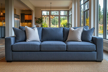 Fototapeta premium A contemporary living room showcases a gray sofa with soft pillows, brightened by natural light from large windows.