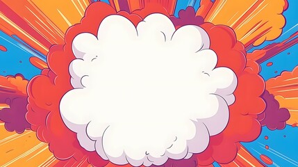 Cartoon explosion with radial lines and cloud shape in the center.