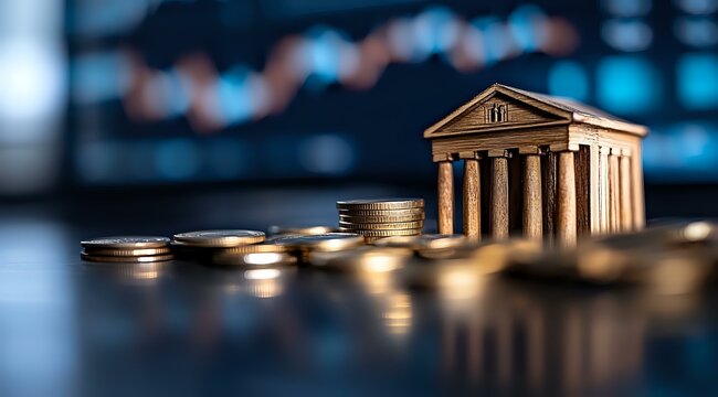 Classical bank building miniature with stacked coins on dark background, representing financial growth and investment concept for banking and economy sectors.