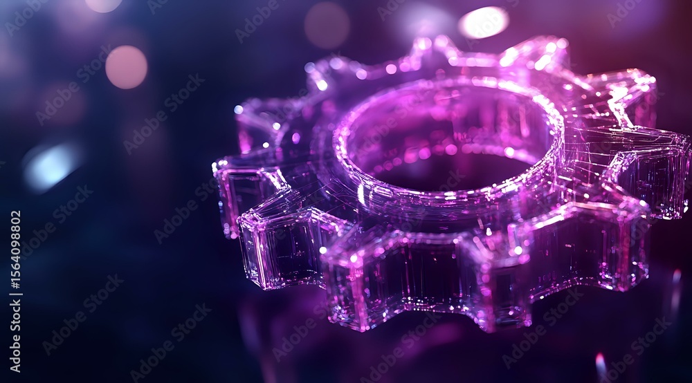 Poster glowing purple gear shape with sparkles and bokeh effects on dark background, digital technology con
