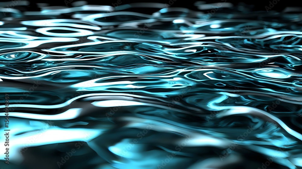 Poster luminous turquoise water surface with rippling waves and reflective light effects creating dynamic p