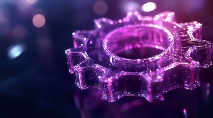 Glowing purple gear shape with sparkles and bokeh effects on dark background, digital technology concept for business innovation and automation solutions.