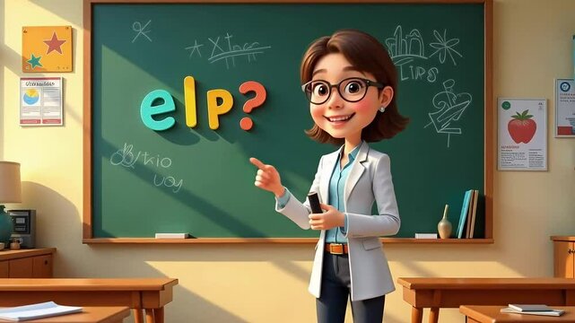 Cheerful cartoon teacher instructing ELP concepts at the chalkboard inside a bright classroom, with desks and shelves
