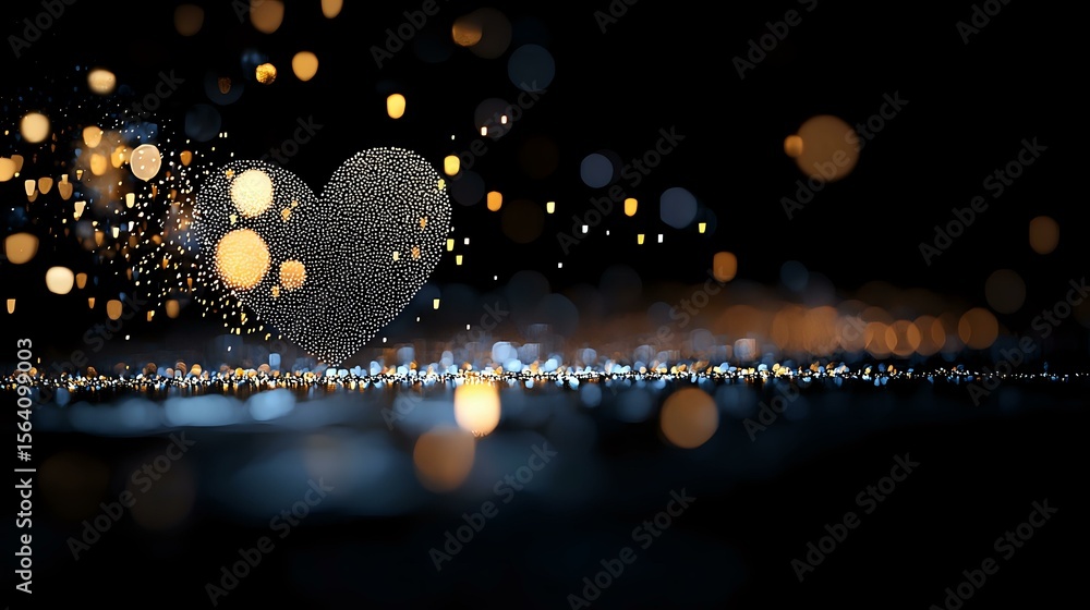 Poster glowing heart shape formed by sparkling particles against dark background with bokeh lights and refl