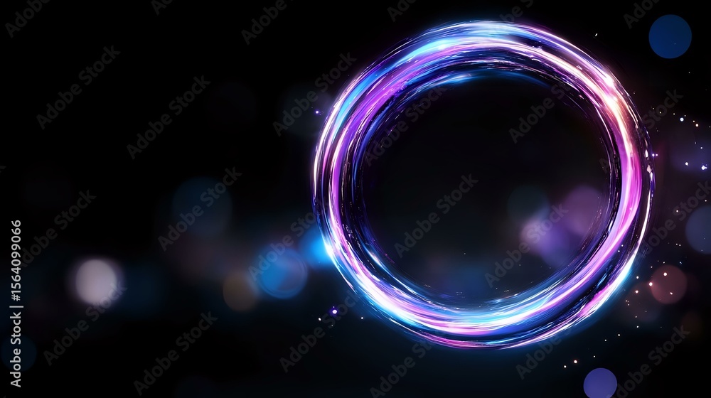 Poster glowing neon circle with pink and blue light trails against dark background, sparkling particles and
