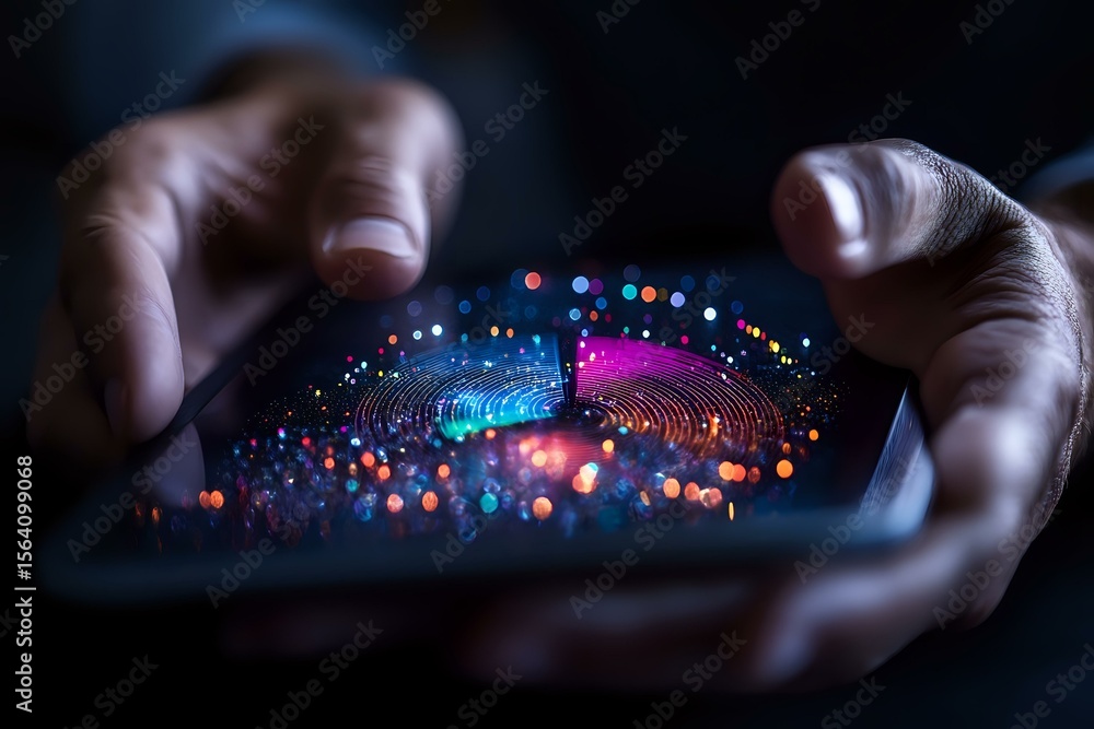Poster glowing digital wave with colorful bokeh lights floating above smartphone screen held in hands, crea