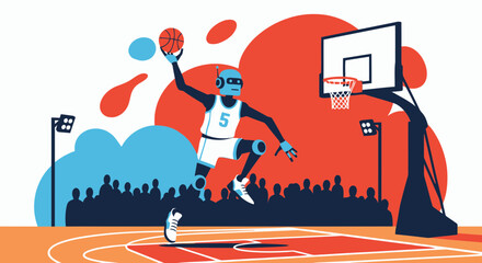 Obraz premium Robot Athlete On The Court Makes The Basket Play With Crowds Cheering