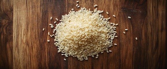 Pile of Rice Grains on Rustic Wooden Surface, Overhead View