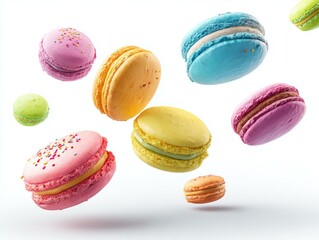 Various colorful of macarons floating on the air isolated on clean png background, Desserts sweet cake concept Generated image