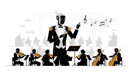 Obraz premium Robot Conductor Directing A Classical Orchestra In A Grand Concert Hall