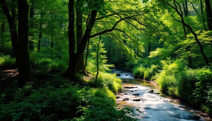 Obraz premium Idyllic scene of river flowing through a lush green forest landscape