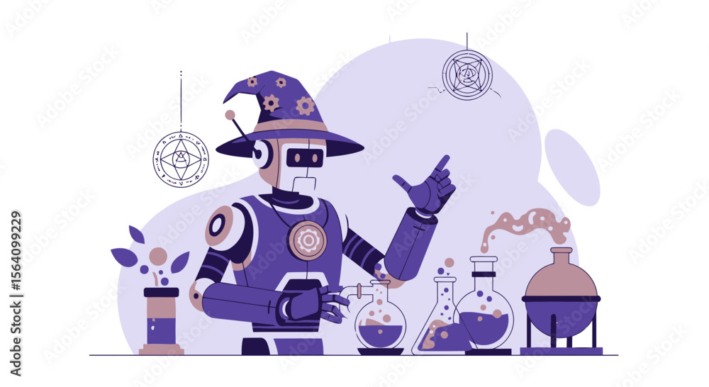 Poster robotic alchemist conjuring spells in his lab for science and technology