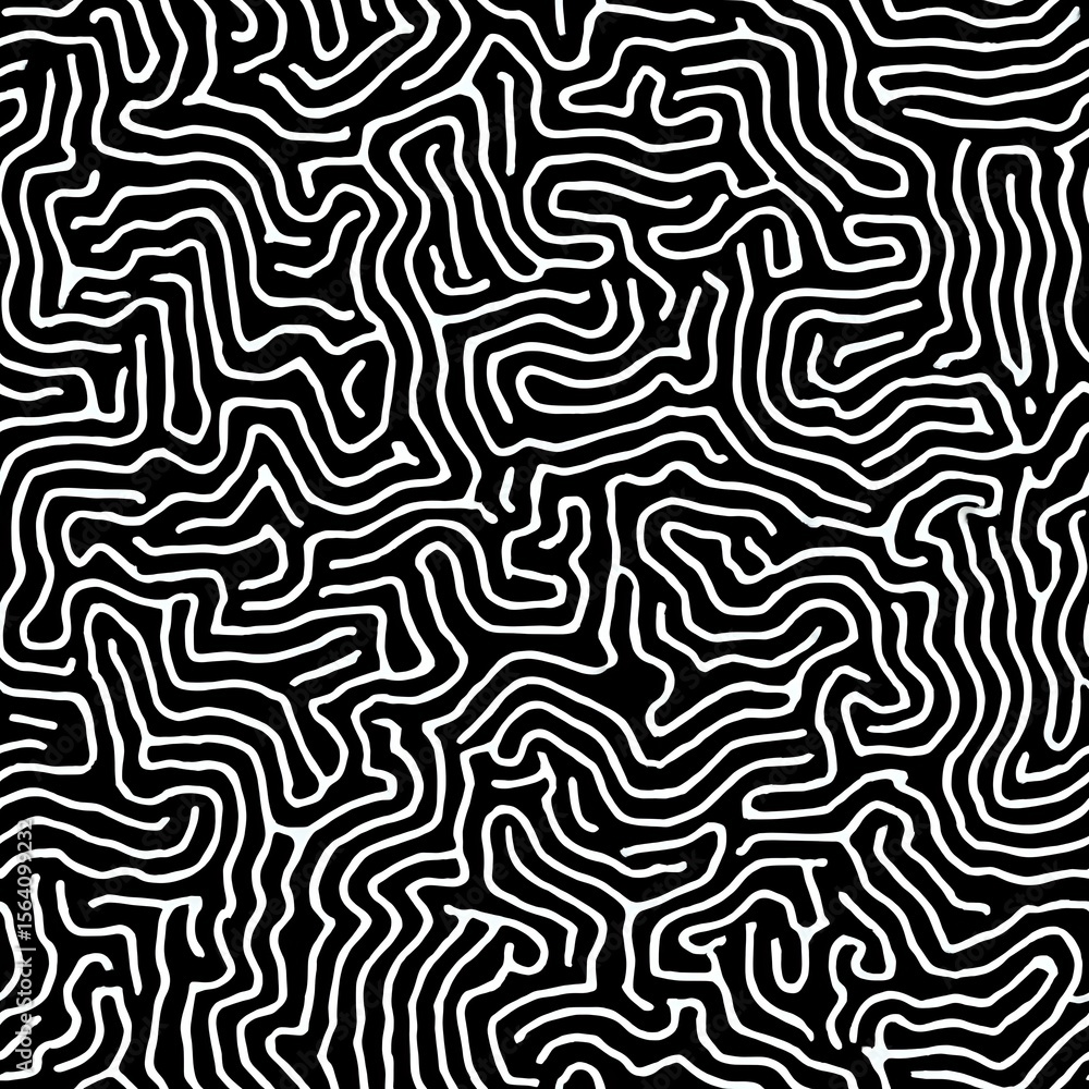 Poster abstract black and white organic maze pattern with curved lines creating a continuous flowing design
