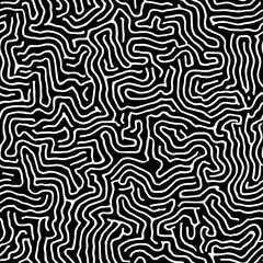 Abstract black and white organic maze pattern with curved lines creating a continuous flowing design. Seamless repeat pattern for fabric, wallpaper and surface design.