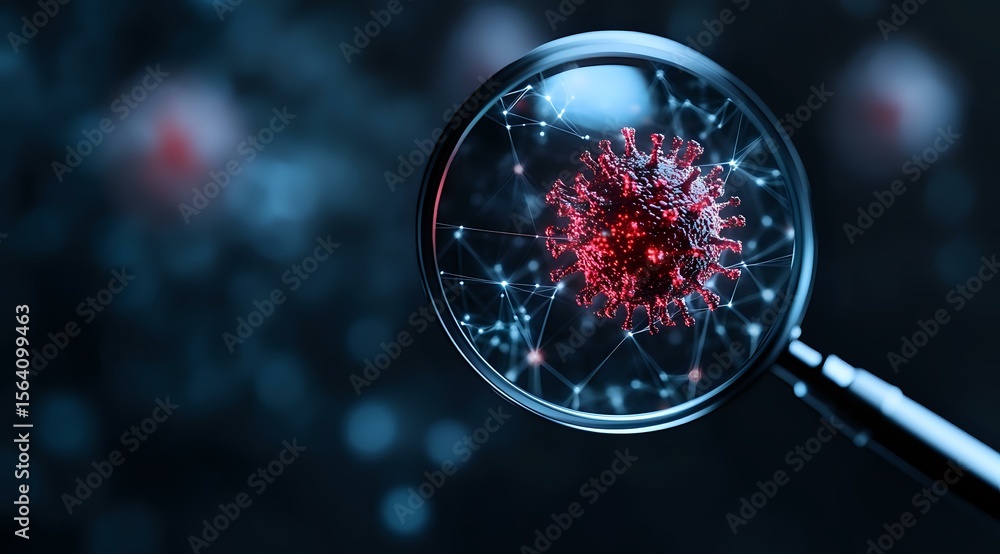 Poster glowing red virus cell viewed through magnifying glass on dark background with network connections a