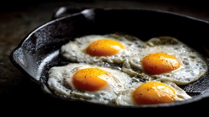 Close up view of four fried eggs with bright yellow yolks in a cast iron skillet