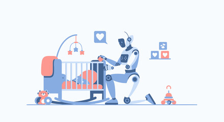 Robotic Nanny Caring For Newborn In Crib Concept Of The Future Modern Technologies