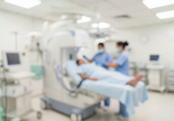 Medical Professionals Aid Patient. Blurred view of medical personnel assisting an individual in a modern healthcare facility. Represents patient support and advanced diagnostic services.