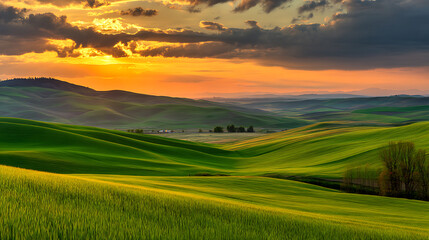 Obraz premium Rolling green hills and wheat fields at sunset with dramatic clouds