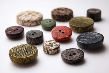 Fototapeta premium A scattering of diverse, handcrafted, wooden buttons in various earthy tones and patterns, showcasing unique textures and two-hole designs against a bright white background