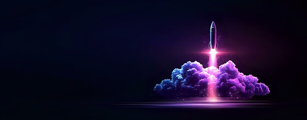 Glowing rocket launch through vibrant purple and blue clouds against dark background, illuminated by neon lights creating dramatic space exploration scene.