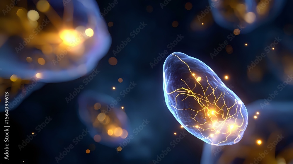 Poster glowing microscopic cell with luminous energy core against dark background, floating with ethereal l