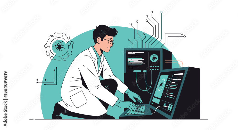 Poster scientist analyzing virus data on computer in modern research laboratory