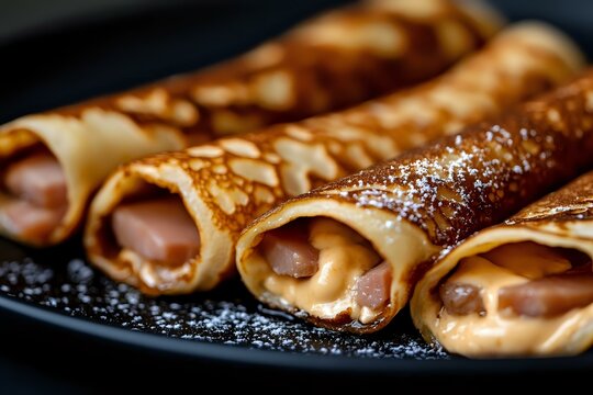 Delicate crepes filled with sweet cream and chocolate, dusted with powdered sugar on dark plate, close up view of traditional French dessert pancakes.