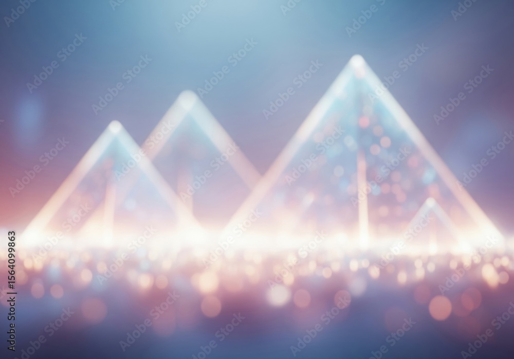 Poster ethereal glowing abstract pyramids. luminous triangular forms ascend over a blurred landscape of spa