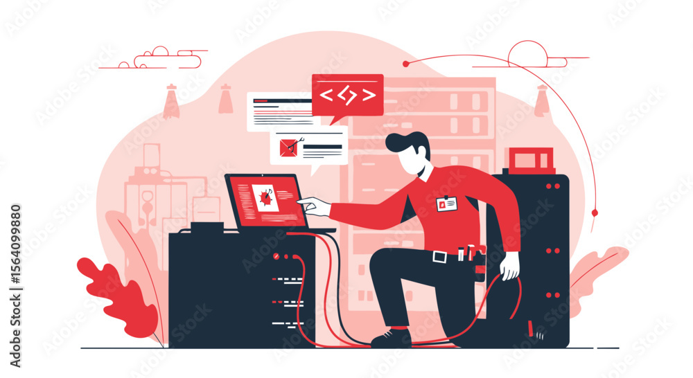 Poster software developer working on a laptop with network infrastructure in background
