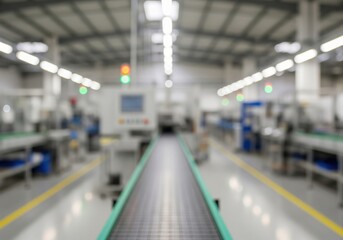 Industrial Facility Production Flow. Abstract perspective of a modern assembly hall, highlighting continuous workflow. Conveys efficiency, technological advancement, and streamlined operations.