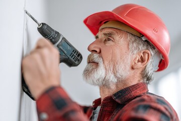 A senior man with a gray beard, wearing a red hard hat and plaid shirt, uses a cordless drill to bore a hole in a light-colored wall