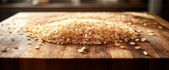 Brown Rice Grains on Wooden Cutting Board, Close-up, Natural Light