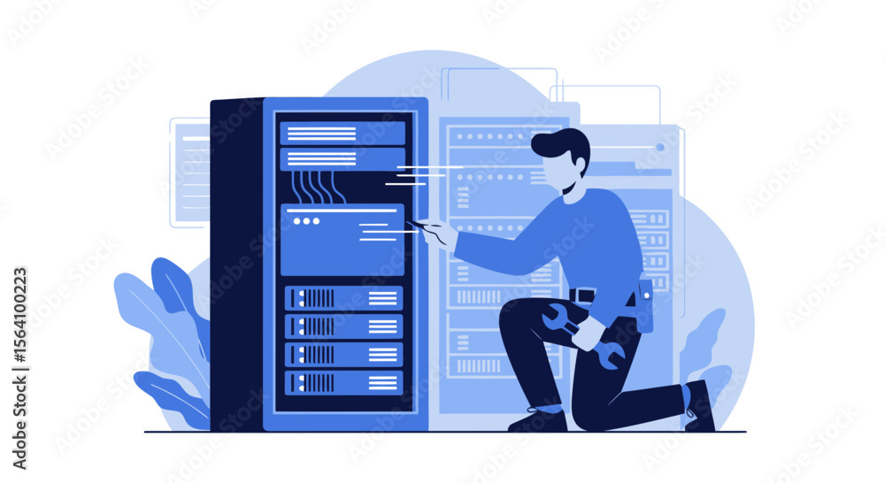 Poster system administrator repairing server rack in data center for optimal performance