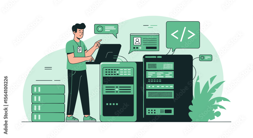 Poster system administrator monitoring network servers and analyzing data centers for performance