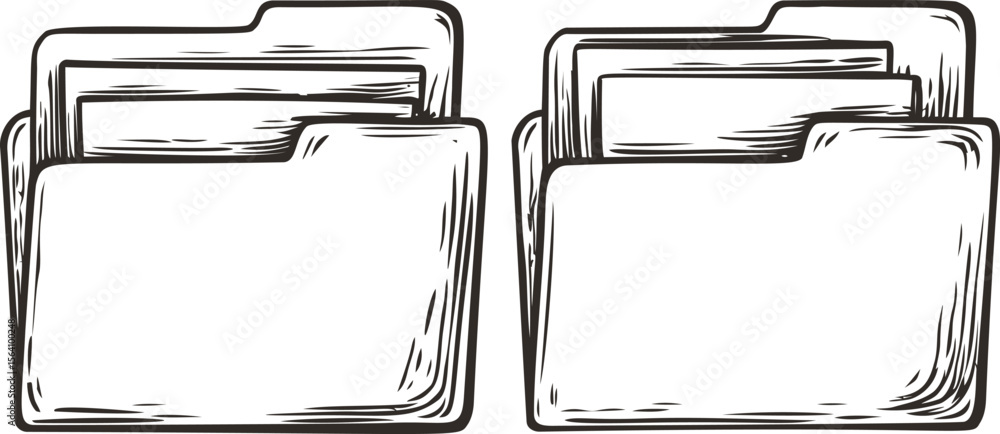 Poster sketch of two open file folders with documents inside, black and white contrast. vector illustration
